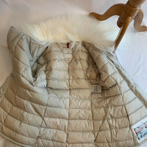 Moncler Choisia Goat Fur Collar Down Asymmetric Jacket NWT 1 SMALL Stone $1810 - Picture 6 of 10